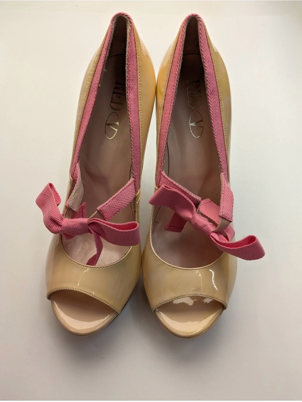 RED Valentino Nude Patent Peep-Toe Platform Pumps with Pink Bow Trim - Picture 8 of 9